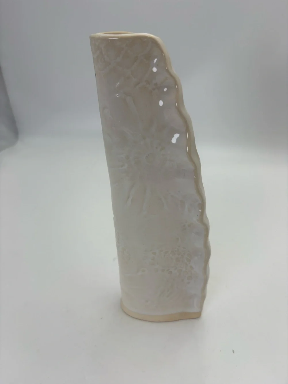 Signed Handmade Cream Ceramic Vase with Subtle Sun and Floral Texture